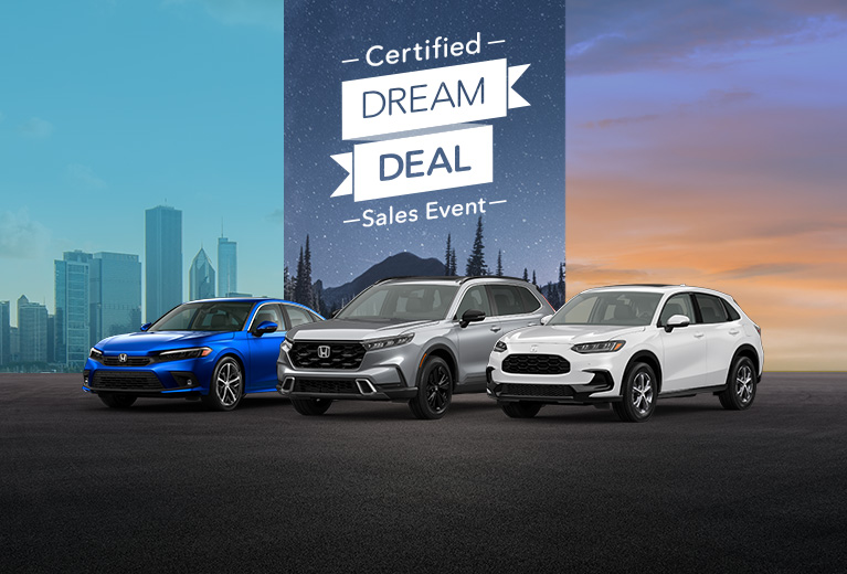 Sales event banner. Line up of 2024 Civic Sedan, 2024 CR-V, and 2025 HR-V shown