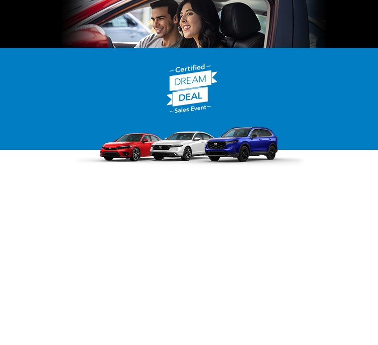 2022 Honda Civic Sedan, 2024 Honda Accord and 2024 Honda CR-V front profile for the Dream Deal Sales Event.