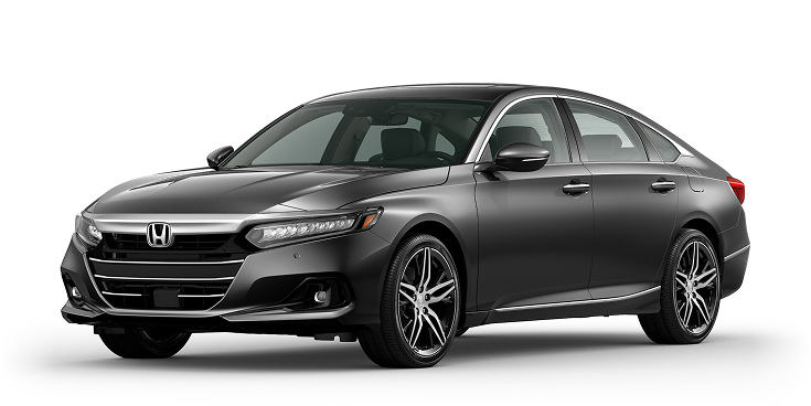 2022 Accord Touring Hybrid 3/4 front view in Modern Steel Metallic.