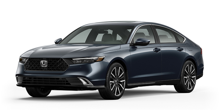 2023 Accord Touring Hybrid 3/4 front view in Meteorite Gray Metallic. 2023 Accord Touring Hybrid 3/4 front view in Meteorite Gray Metallic.