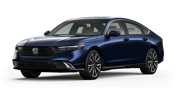 2026 Accord Touring Hybrid 3/4 front view in Canyon River Blue Metallic.