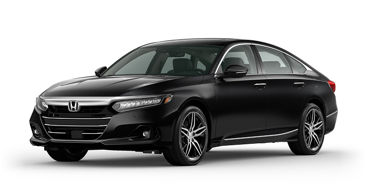 2022 Accord Touring Hybrid 3/4 front view in Crystal Black Pearl.