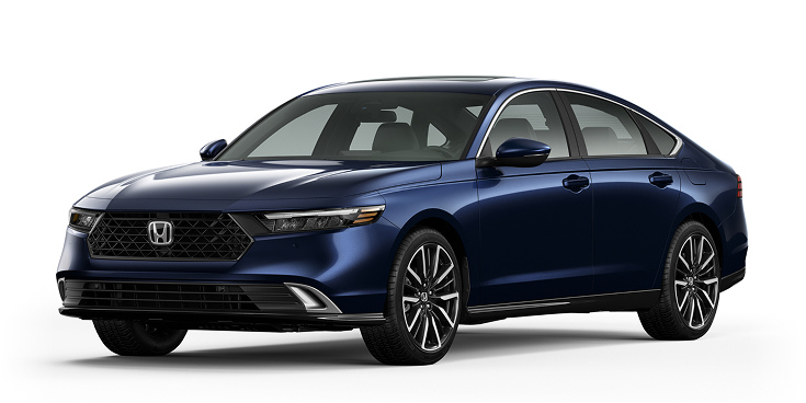 2025 Accord Touring Hybrid 3/4 front view in Canyon River Blue Metallic.