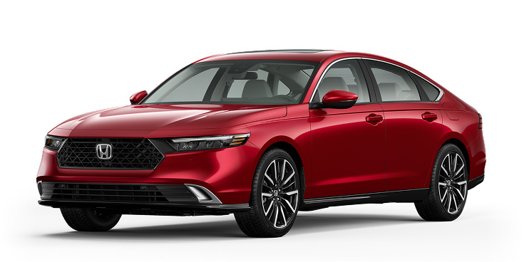 2026 Accord Touring Hybrid 3/4 front view in Radiant Red Metallic. 2026 Accord Touring Hybrid 3/4 front view in Radiant Red Metallic.