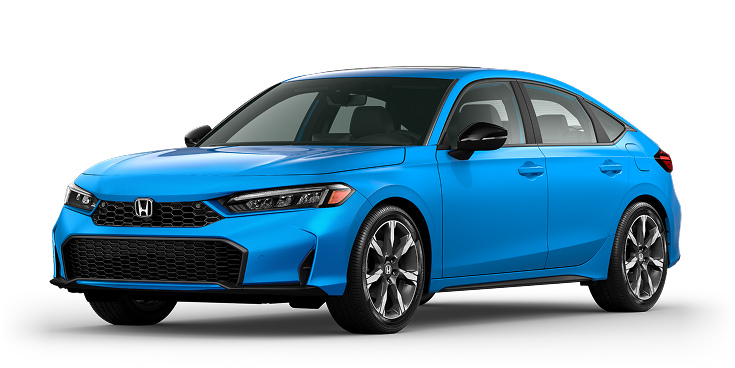 2026 Civic Hatchback Sport Touring Hybrid 3/4 front view in Boost Blue Pearl. 2026 Civic Hatchback Sport Touring Hybrid 3/4 front view in Boost Blue Pearl.