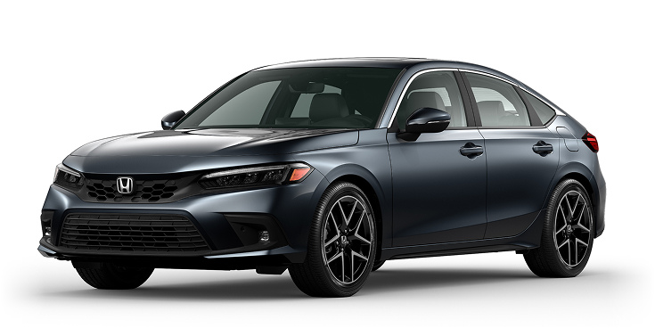 2022 Civic Hatchback Sport Touring Hybrid 3/4 front view in Meteorite Gray Metallic. 2022 Civic Hatchback Sport Touring Hybrid 3/4 front view in Meteorite Gray Metallic.