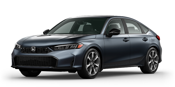 2026 Civic Hatchback Sport Touring Hybrid 3/4 front view in Meteorite Gray Metallic. 2026 Civic Hatchback Sport Touring Hybrid 3/4 front view in Meteorite Gray Metallic.