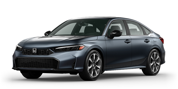 2026 Civic Sedan Sport Touring Hybrid 3/4 front view in Meteorite Gray Metallic. 2026 Civic Sedan Sport Touring Hybrid 3/4 front view in Meteorite Gray Metallic.
