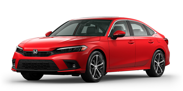 2022 Civic Sedan Sport Touring Hybrid 3/4 front view in Rallye Red. 2022 Civic Sedan Sport Touring Hybrid 3/4 front view in Rallye Red.