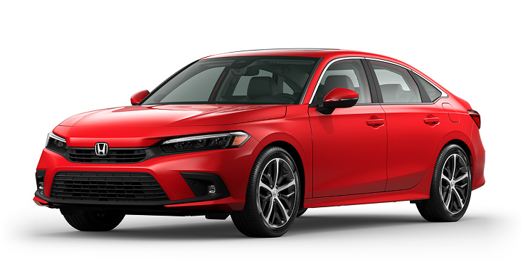2023 Civic Sedan Sport Touring Hybrid 3/4 front view in Rallye Red. 2023 Civic Sedan Sport Touring Hybrid 3/4 front view in Rallye Red.