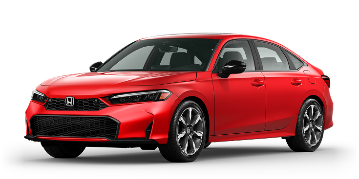 2025 Civic Sedan Sport Touring Hybrid 3/4 front view in Rallye Red. 2025 Civic Sedan Sport Touring Hybrid 3/4 front view in Rallye Red.