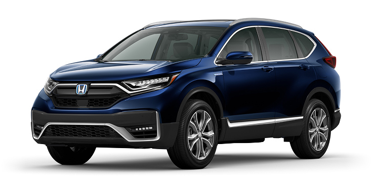 2022 CR-V Hybrid Touring 3/4 front view in Obsidian Blue Pearl.
