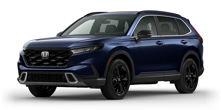 2025 CR-V Sport Touring Hybrid 3/4 front view in Canyon River Blue Metallic.