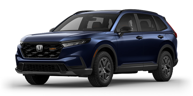 2026 CR-V TrailSport Hybrid 3/4 front view in Canyon River Blue Metallic. 2026 CR-V TrailSport Hybrid 3/4 front view in Canyon River Blue Metallic.