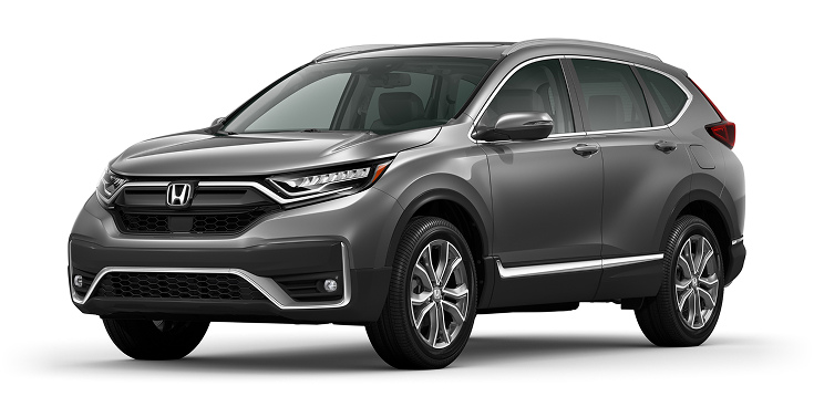 2022 CR-V Touring 3/4 front view in Modern Steel Metallic. 2022 CR-V Touring 3/4 front view in Modern Steel Metallic.