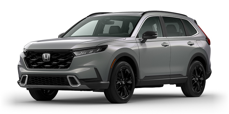 2026 CR-V Sport Touring Hybrid 3/4 front view in Urban Gray Pearl. 2026 CR-V Sport Touring Hybrid 3/4 front view in Urban Gray Pearl.