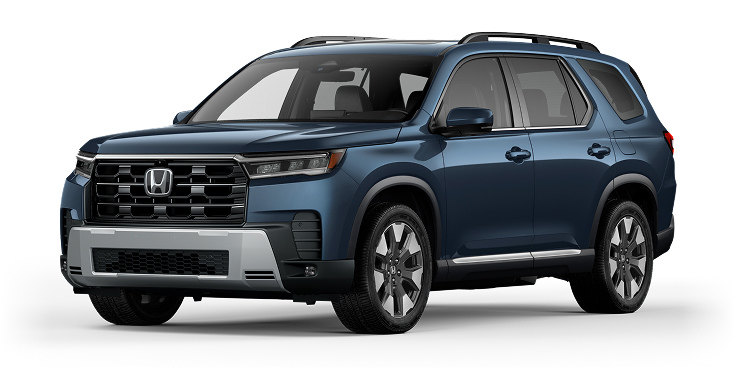 2026 Pilot Elite 3/4 front view in Smoke Blue Pearl. 2026 Pilot Elite 3/4 front view in Smoke Blue Pearl.