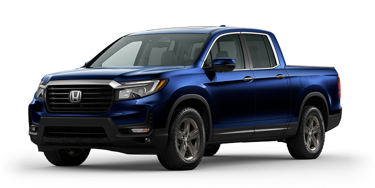 2022 Ridgeline RTL-E 3/4 front view in Obsidian Blue Pearl.