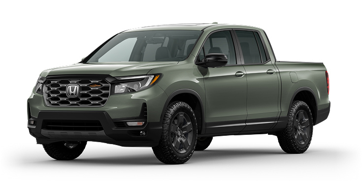 2026 Ridgeline TrailSport 3/4 front view in Ash Green Metallic. 2026 Ridgeline TrailSport 3/4 front view in Ash Green Metallic.