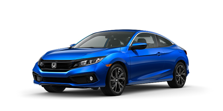 2020 Civic Sport Coupe front view in Aegean Blue Metallic, shown on a plain white background.