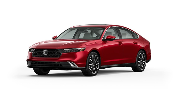 2026 Accord Touring Hybrid 3/4 front view in Radiant Red Metallic.