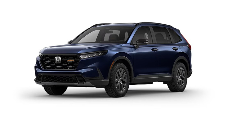 2026 CR-V TrailSport Hybrid 3/4 front view in Canyon River Blue Metallic.