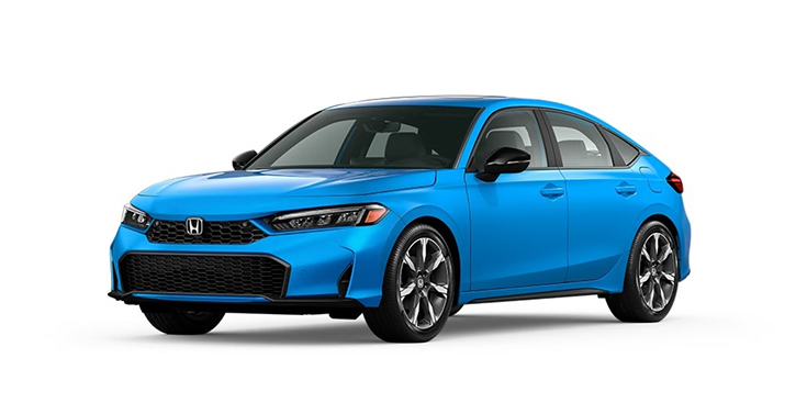 2026 Civic Hatchback Sport Touring Hybrid 3/4 front view in Boost Blue Pearl.