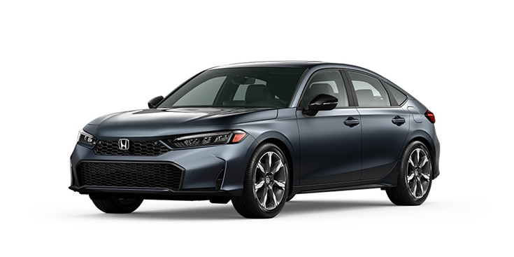2026 Civic Hatchback Sport Touring Hybrid 3/4 front view in Meteorite Gray Metallic.