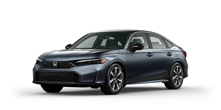 2026 Civic Sedan Sport Touring Hybrid 3/4 front view in Meteorite Gray Metallic.