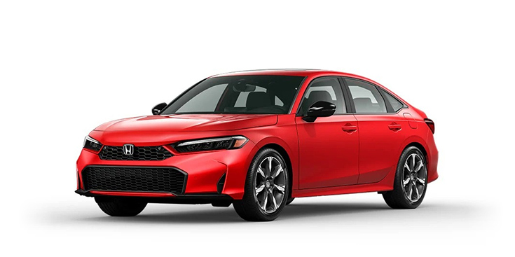 2026 Civic Sedan Sport Touring Hybrid 3/4 front view in Rallye Red.