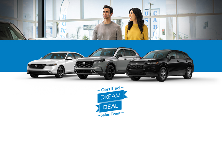 2023 Honda Accord, 2024 Honda CR-V, and 2023 Honda HR-V front profile on a sales event poster.