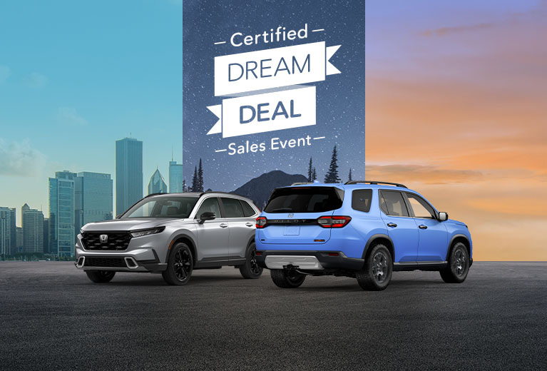 CR-V Sport Touring Hybrid in Solar Silver Metallic and Pilot TrailSport in Diffused Sky Blue Pearl in a three panel background showing a city , a mountain and a sunset.