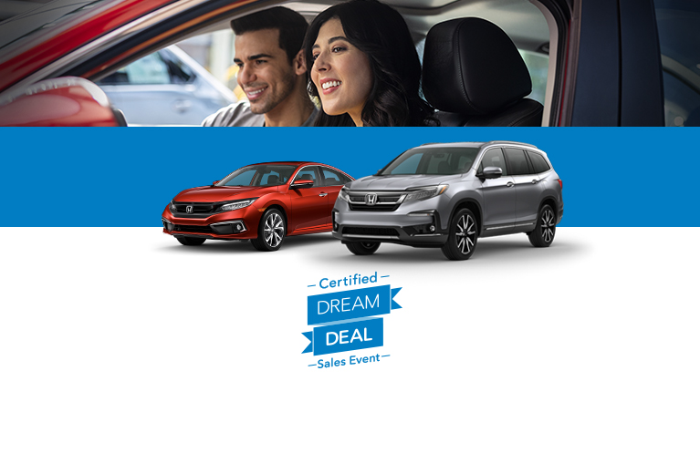 2019 Honda Civic Sedan and Honda Pilot front profile on a sales event poster.