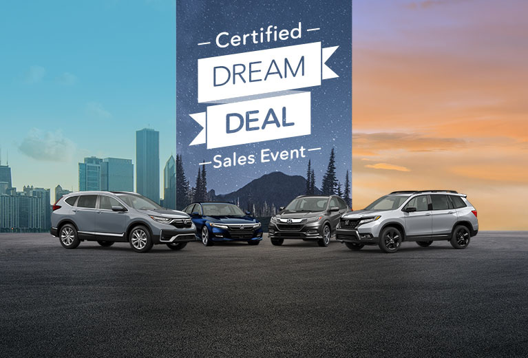 CR-V Touring in Sonic Gray Pearl, Accord Touring in Obsidian Blue Pearl, HR-V Touring in Modern Steel Metallic, and Passport Elite in Lunar Silver Metallic in a three panel background showing a city , a mountain and a sunset.